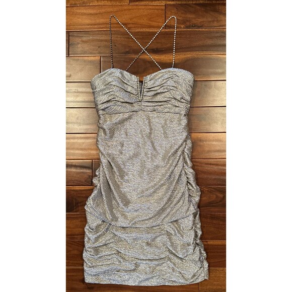 Arden B Vintage Glitter Dress L Large Gold Silver Ruffles Rhinestone Straps - Picture 2 of 16